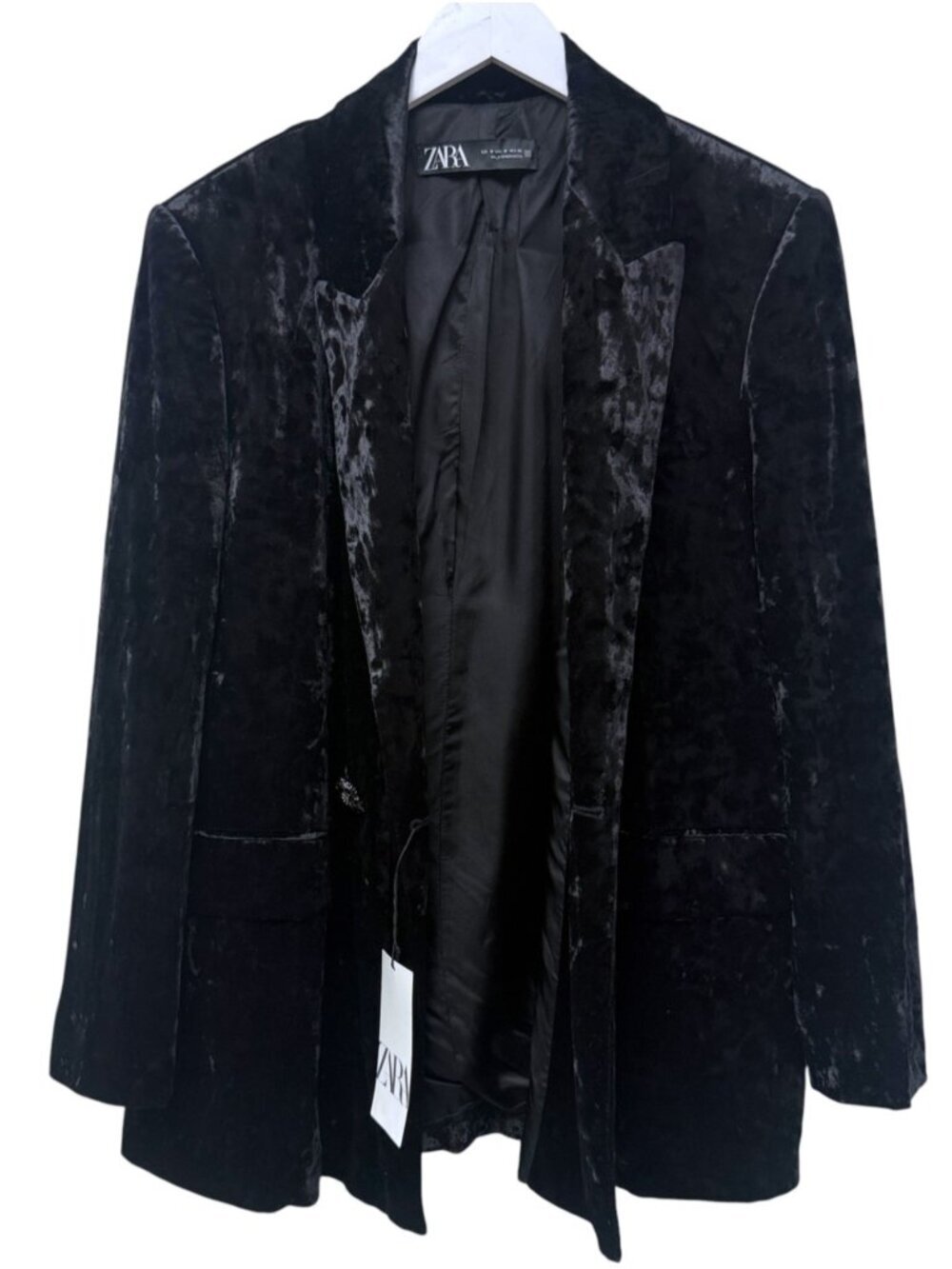 Zara Black Velvet Blazer Medium Evening Jacket New Imperfect Missing Button
